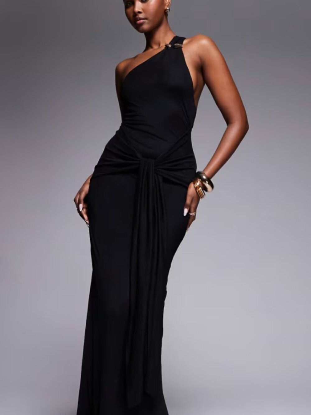 NWT mesh one shoulder trim detail maxi dress with draped tie front in black